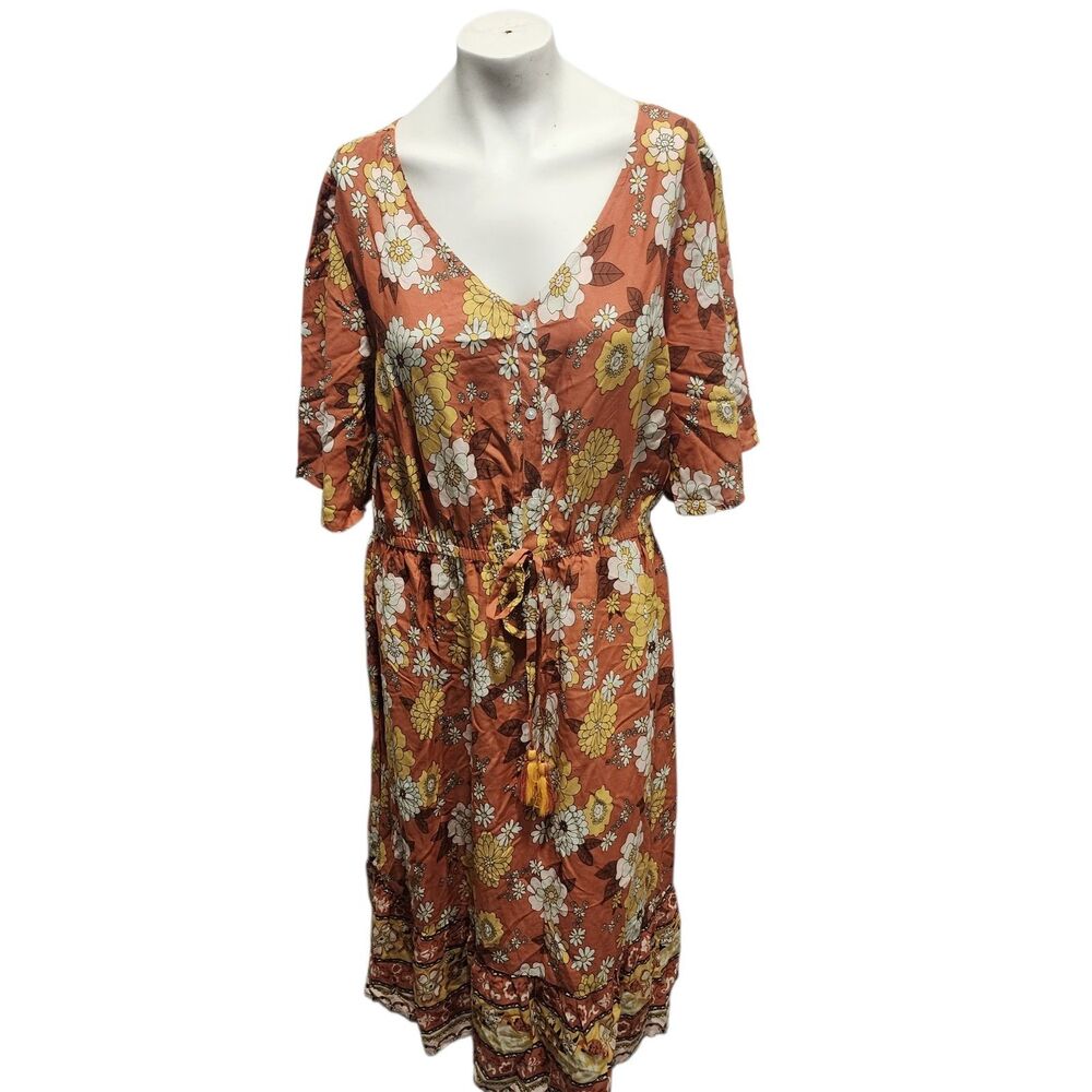 Margaux Riviera Boho Floral Midi Dress Rust Orange Tie Waist Tassel Trim Size XL